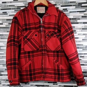 Vintage 60's Wool Red Black Plaid Men's Jacket L Full Zip Sheraton USA Hunting